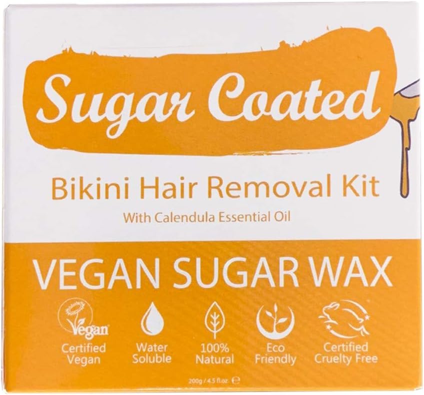 Sugar Coated Organic Bikini Sugar Wax Kit with Strips, Natural & Gentle Hair Removal for Bikini Line, At Home Sugar Wax with Calendula Oil to Calm Sensitive Skin, 0.44 lbs