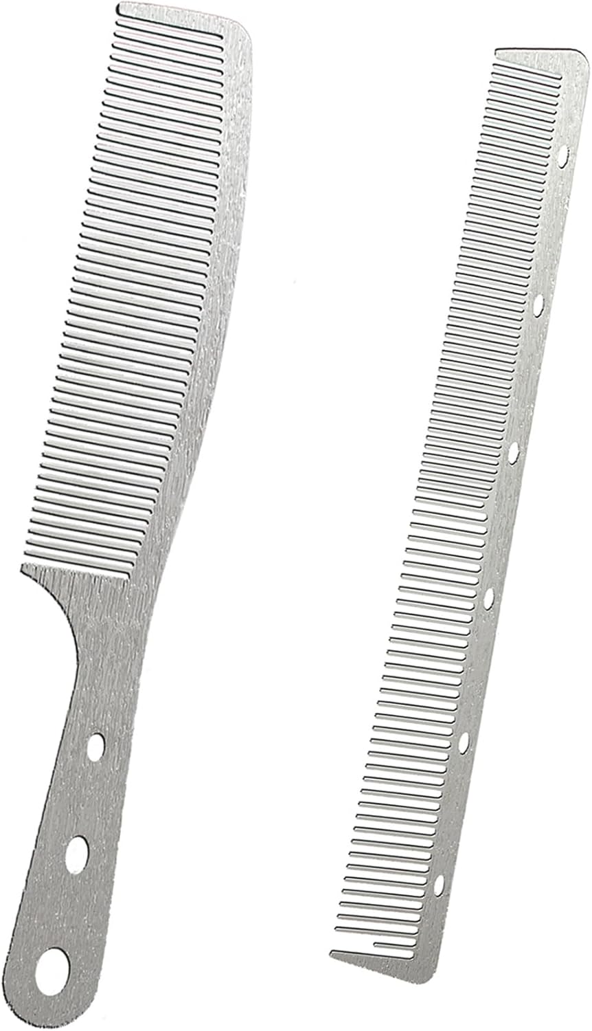2 Pcs Metal Comb, Stainless Steel Fine Tooth Comb, Unbreakable Teeth Design, Anti Static comb, Heat Resistant, Professional Barber Comb Set, hair combs for men, Wood Grain Design