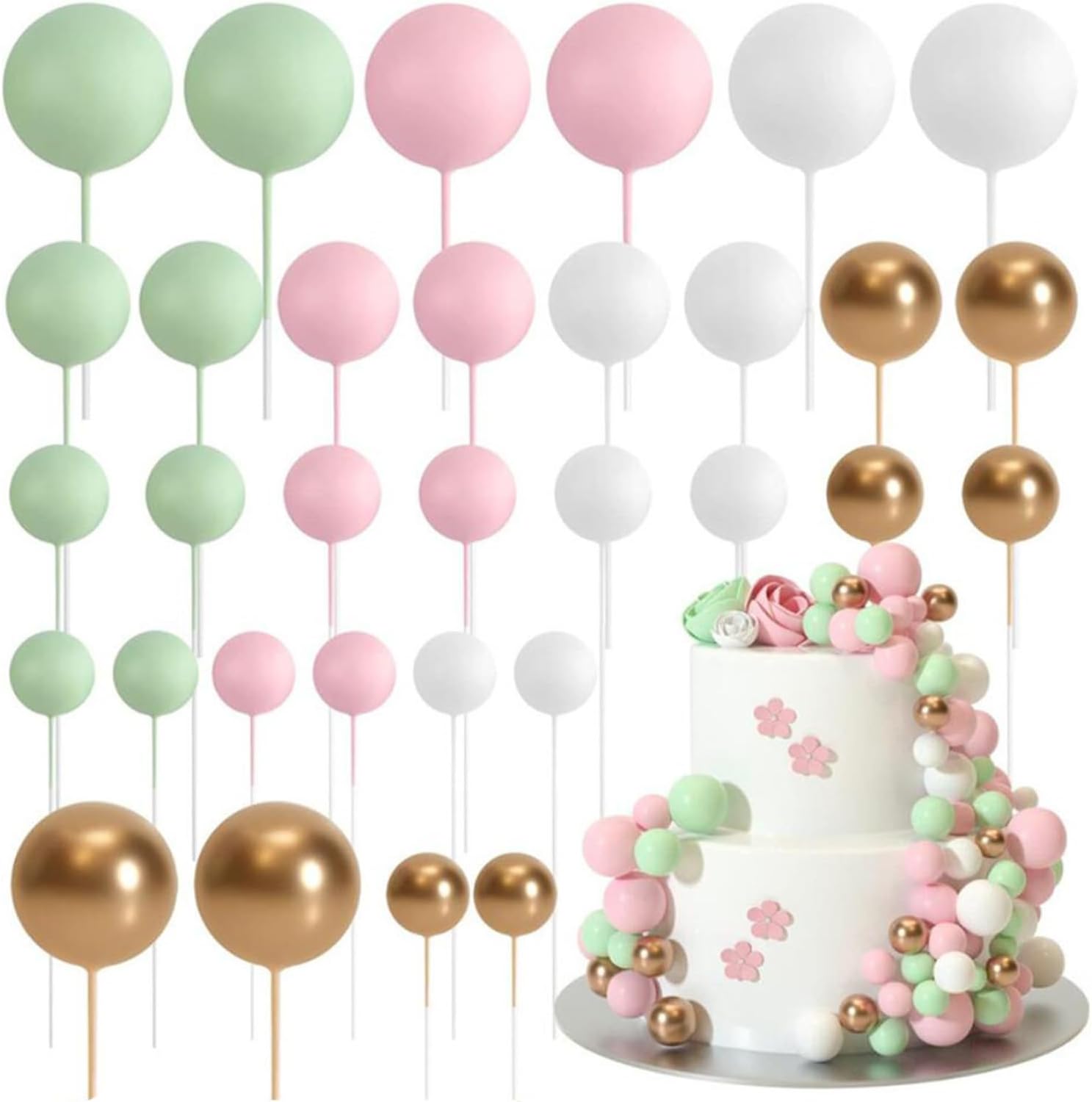 32 Pcs Ball Cake Topper Decorations Balloons Cupcake Topper DIY Cake Insert Topper Foam Cake Balls Cake Decorations for Wedding Anniversary Birthday Cake Decorating (Green,Pink,White,Gold)