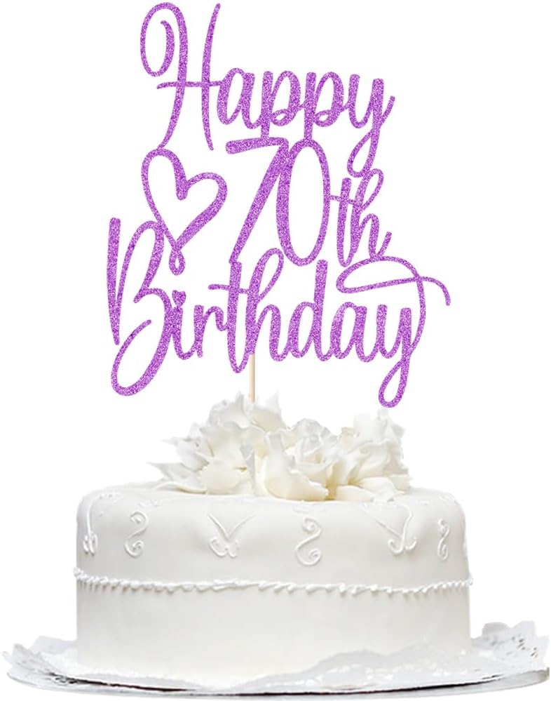 Purple Glitter Happy 70th Birthday Cake Topper - Cheers to 70 Years Cake Topper, 70 & Fabulous Cake Decoration for Hello 70th Birthday Anniversary Party Cake Decorations Supplies