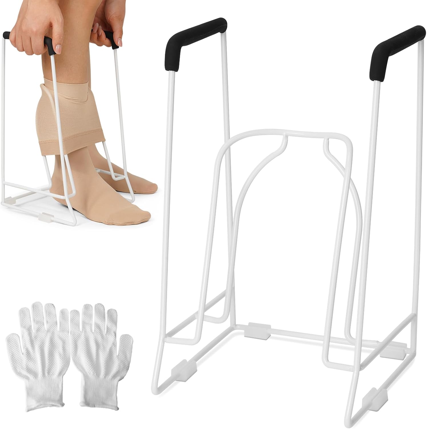 Compression Sock Aid Device – Stocking Donner for Seniors, Adaptive Sock Putting-On Tool, Medium Calf (<18”), Compatible for JOBST, SB SOX, CHARMKING, White