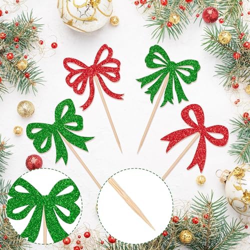 24 PCS Christmas Bowknot Cupcake Toppers Merry Chrsitmas Cupcake Picks Xmas Bow Cake Toppers Coquette Birthday Decorations for Merry Christmas Baby Shower Birthday Party Decorations Supplies Red Green