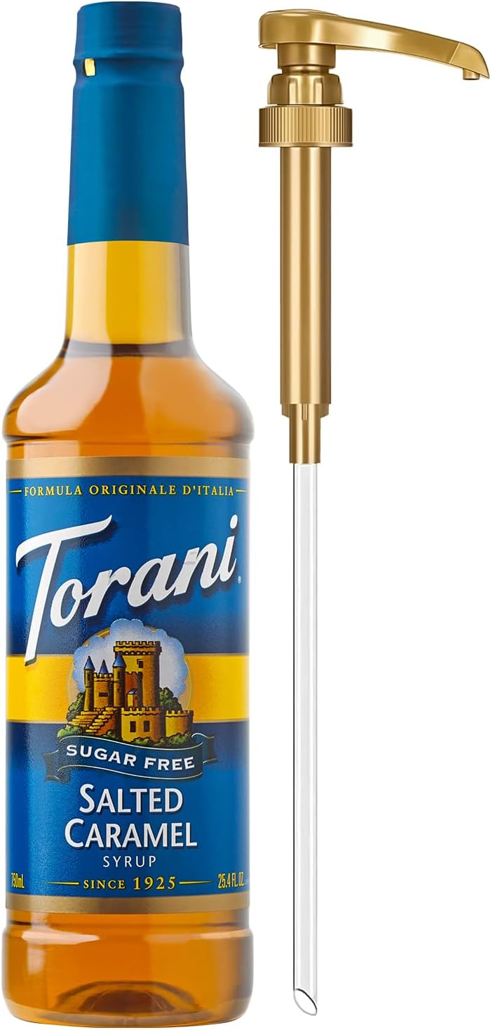 Torani Sugar Free Coffee Syrup, Salted Caramel Flavored Syrup for Drinks, Zero Calorie, Pump Included, 25.4 Fl Oz