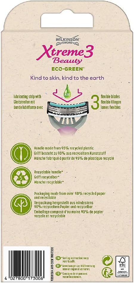 Wilkinson Sword - Xtreme 3 Beauty Eco Green X 4 - Women's Disposable Razor Ecosustainable And Recyclable - 70 Gr
