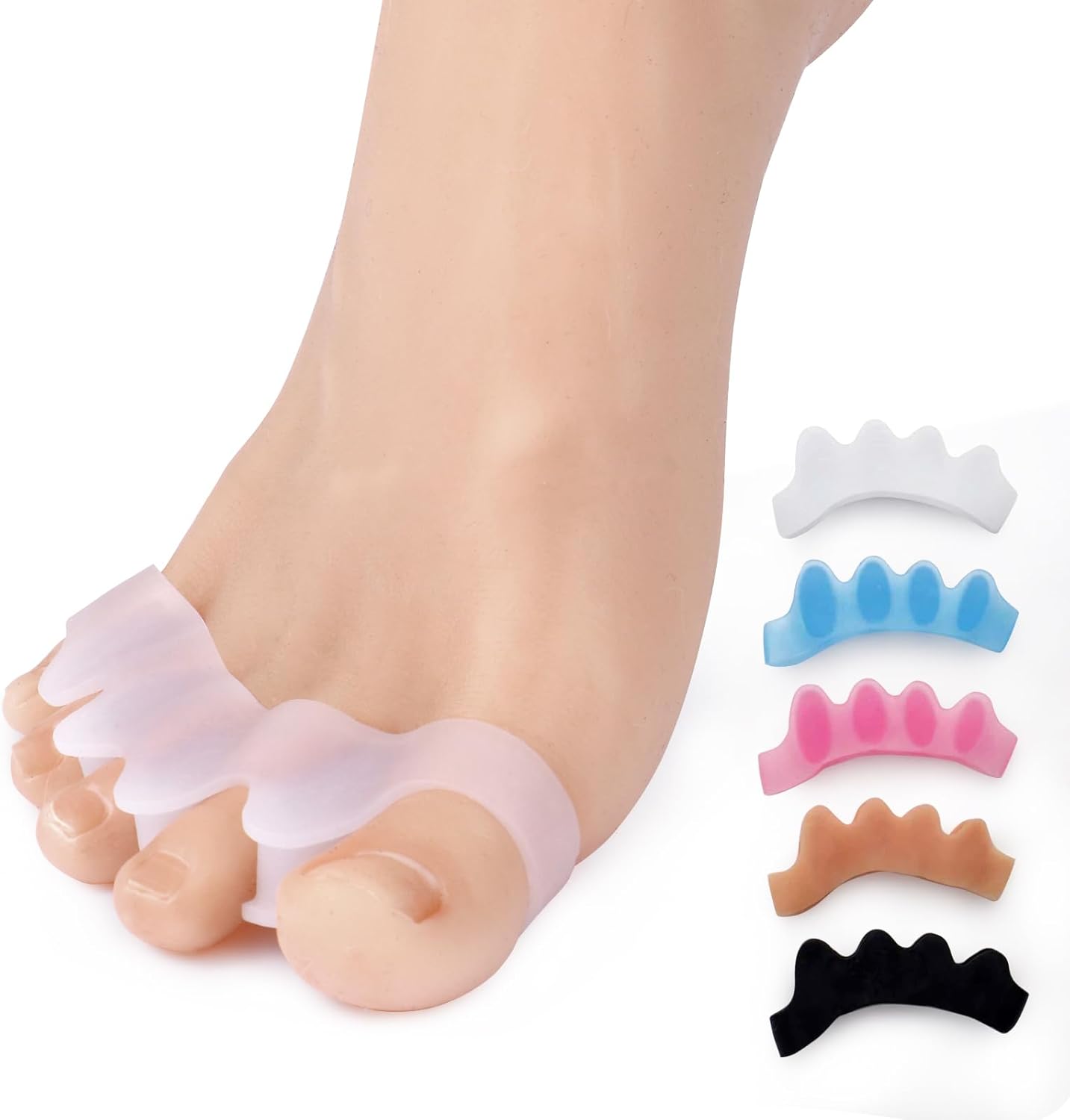 Pure Comfort Silicone Toe Separators – White – Bunion Corrector & Hammertoe Straightener for Overlapping Toes, Plantar Fasciitis Relief – Adjustable Gel Toe Spacers for Yoga, Running & Daily Wear – Washable & Reusable (2 Pairs)