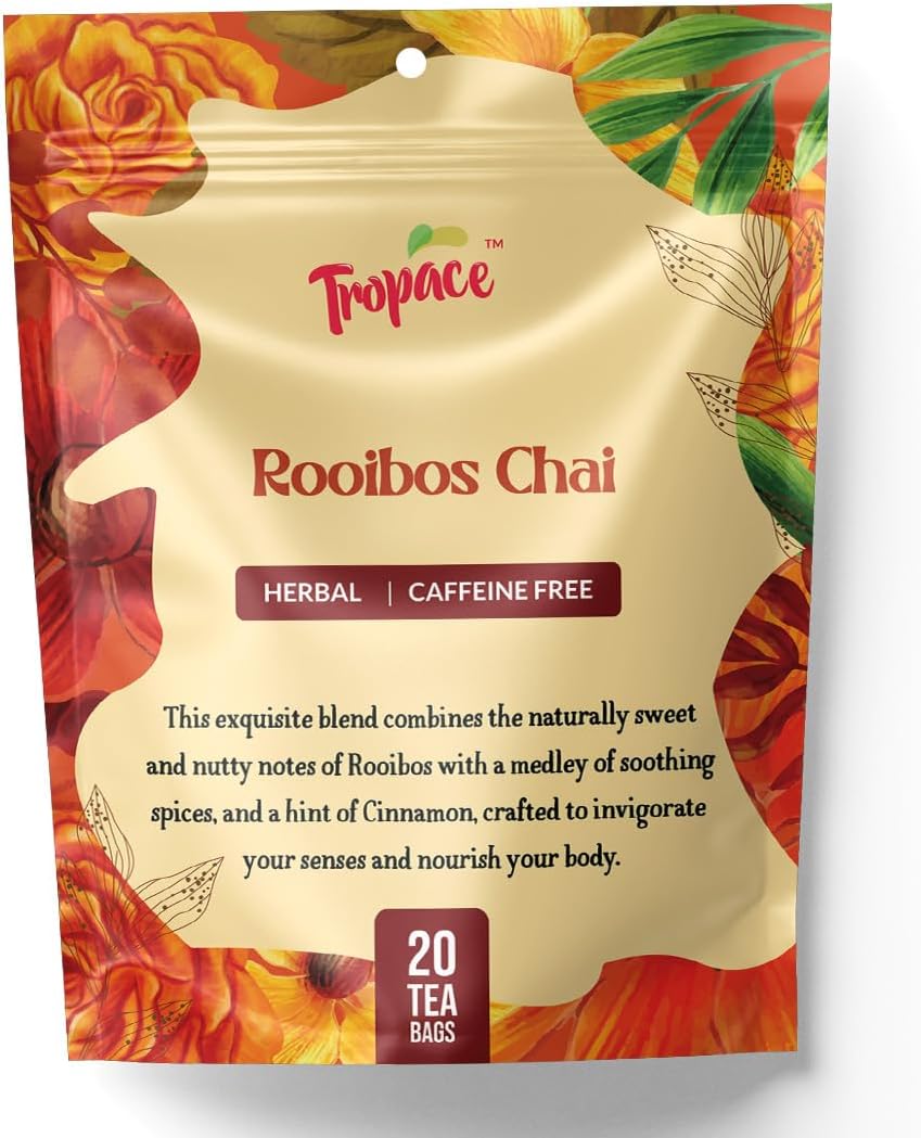 Tropace Organic Rooibos - 20 Tea Bags, South African Red Tea infused with Cardamom, Cinnamon & Black Pepper - Caffeine Free Herbal Tea, Rooibos Tea Rooted in Africa & Packed in USA, 1.4 oz (40g)