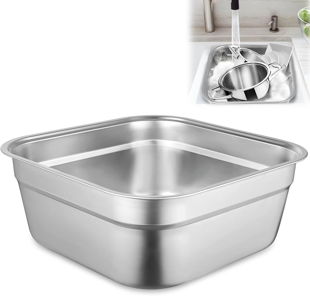 Stainless Steel Washing Up Bowl, Multi-Purpose Dish Tub for Sink, Large Square Container for Kitchen, Vegetable Washing Basin, Multi-functional Metal Dishpan for Home