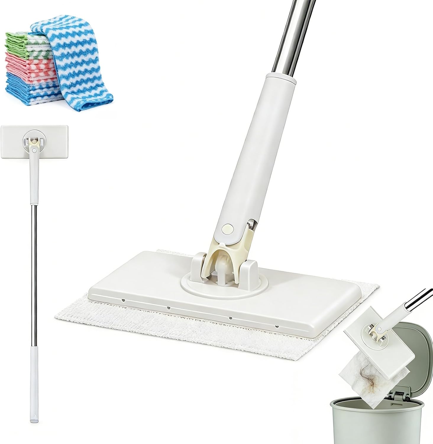 Hands Free Flat Mop,Cloth Changing Mini Mop,27inch Long Handle Mopping Stick,360° Swivel Head,Dry and Wet Use,Ideal for Tight Corners,Tile and Hardwood(White,6 Cloth)