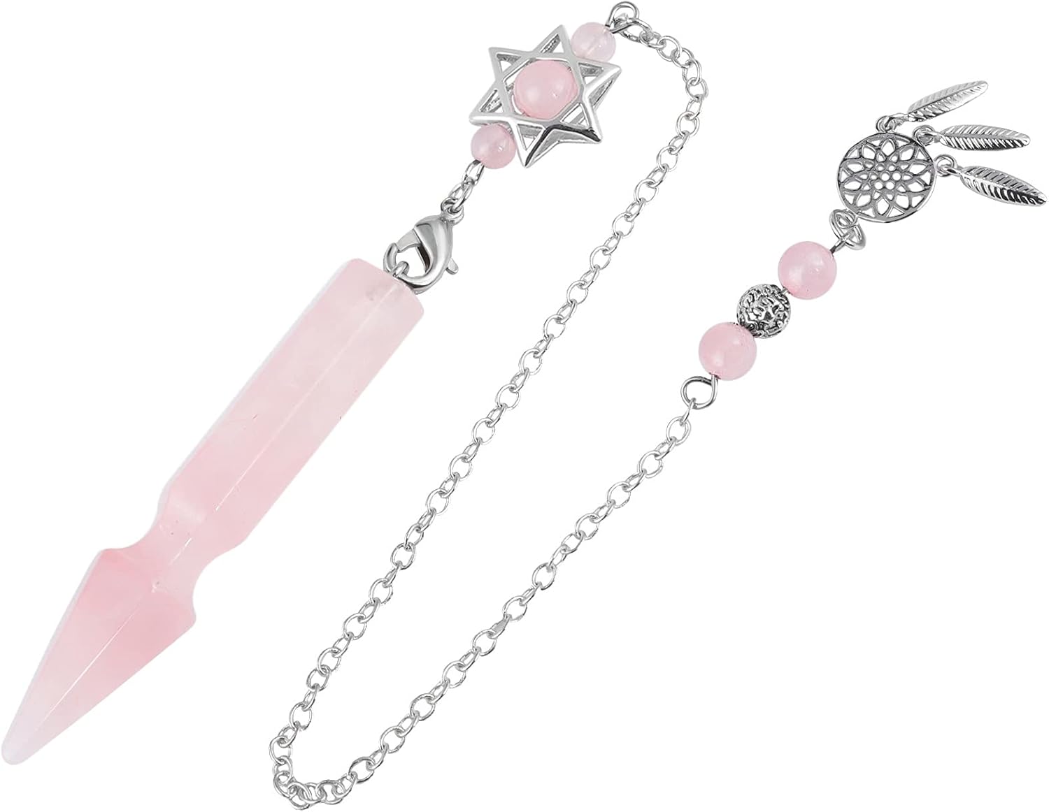 TUMBEELLUWA Crystal Point Pendulum for Divination Dowsing Faceted Stone Pendant Pendulum with Dream Catcher and Merkaba Star Chain, Rose Quartz