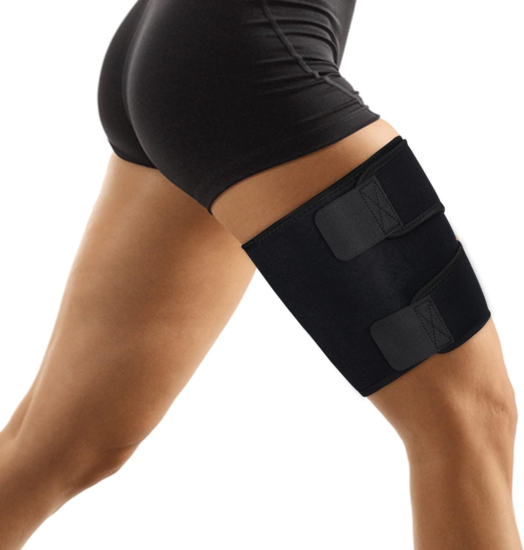 supregear Thigh Wraps Support, Adjustable Compression Neoprene Thigh Sleeve Hamstring Quad Wrap Upper Leg Brace for Women Men Pulled Groin Muscle, Quadriceps, Black, L