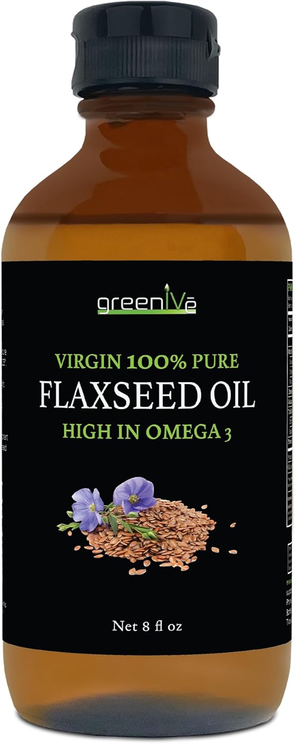 GreenIVe Flax Seed Oil 100% Pure Cold Pressed – Grown in USA, High Vegan Omega 3 6 9 Fatty Acids – Premium Flaxseed Oil – Non-GMO, Glass Bottle (8 Fl Oz)