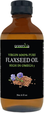 GreenIVe Flax Seed Oil 100% Pure Cold Pressed – Grown in USA, High Vegan Omega 3 6 9 Fatty Acids – Premium Flaxseed Oil – Non-GMO, Glass Bottle (8 Fl Oz)