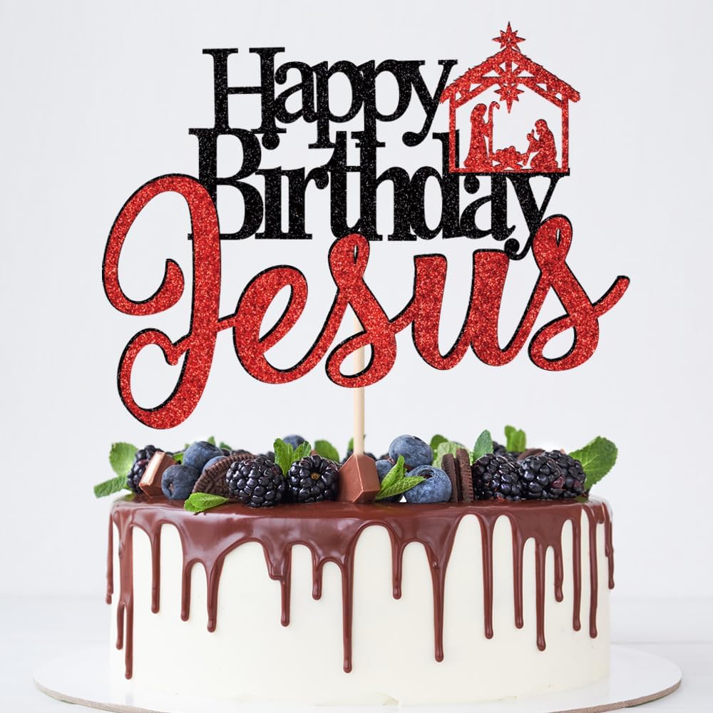 Happy Birthday Jesus Cake Topper Glitter Jesus Birthday Cake Pick Merry Christmas Cake Decorations for Nativity Scene Christmas Birthday Party Supplies (Black Red Jesus)