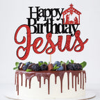 Happy Birthday Jesus Cake Topper Glitter Jesus Birthday Cake Pick Merry Christmas Cake Decorations for Nativity Scene Christmas Birthday Party Supplies (Black Red Jesus)