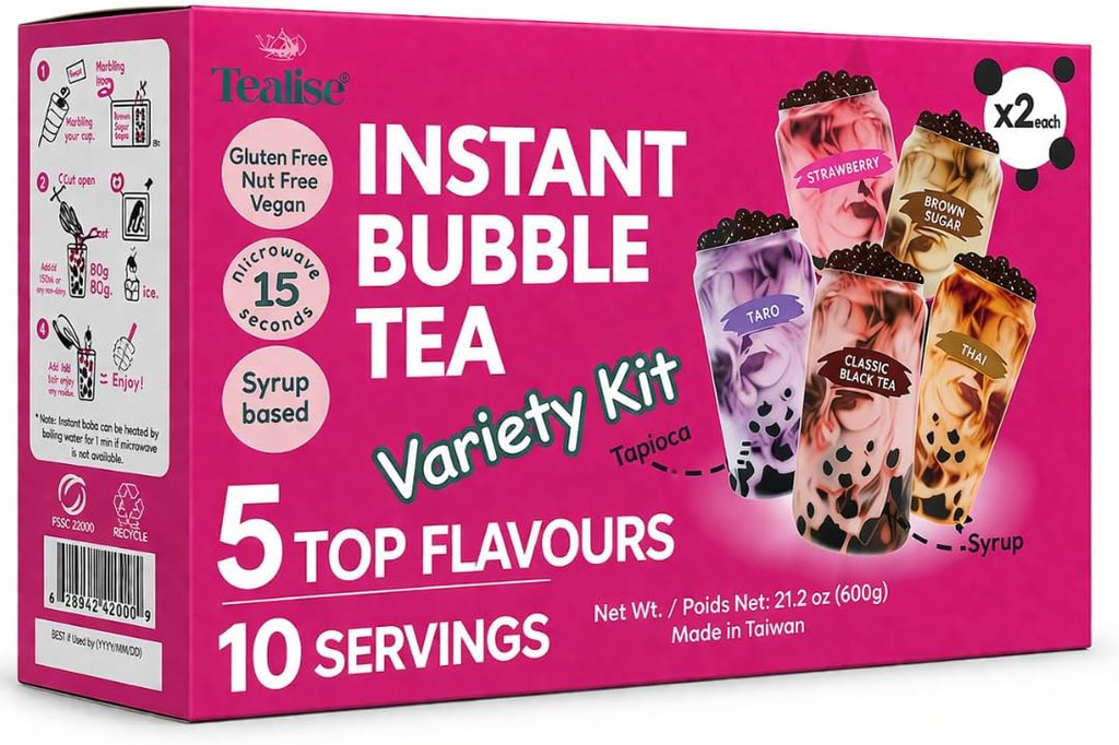 Tealise Instant Bubble Tea Kit (10 Servings) 5 Flavors Variety Pack, Ready in 30 Seconds, No Boiling, Syrup-Based Boba Kit with Chewy Tapioca Pearls, DIY Milk Tea at Home
