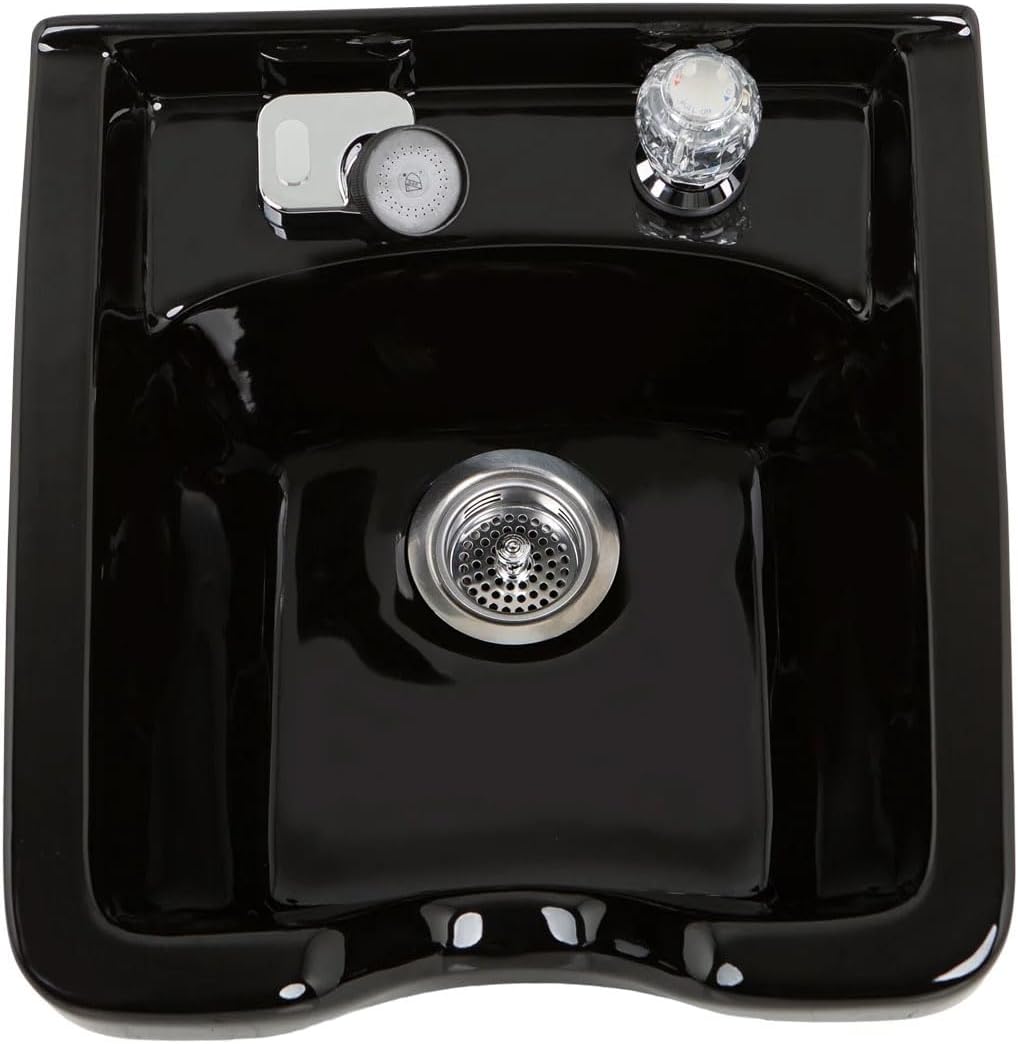 Pibbs Heavy-Duty Black Porcelain Shampoo Bowl for Professional Salons, Single-Handle Faucet, Spray Hose & Hardware. Wall-mounted design, PIB-5300