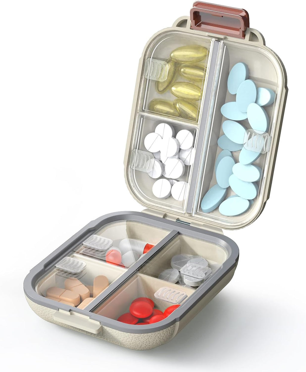7 Compartments Travel Pill Organizer, Foldable Portable Airtight Daily Pill Box, Compact Pill Case for Purse & Pocket, BPA-Free Medicine Organizer for Vitamins Fish Oil Supplements (White)