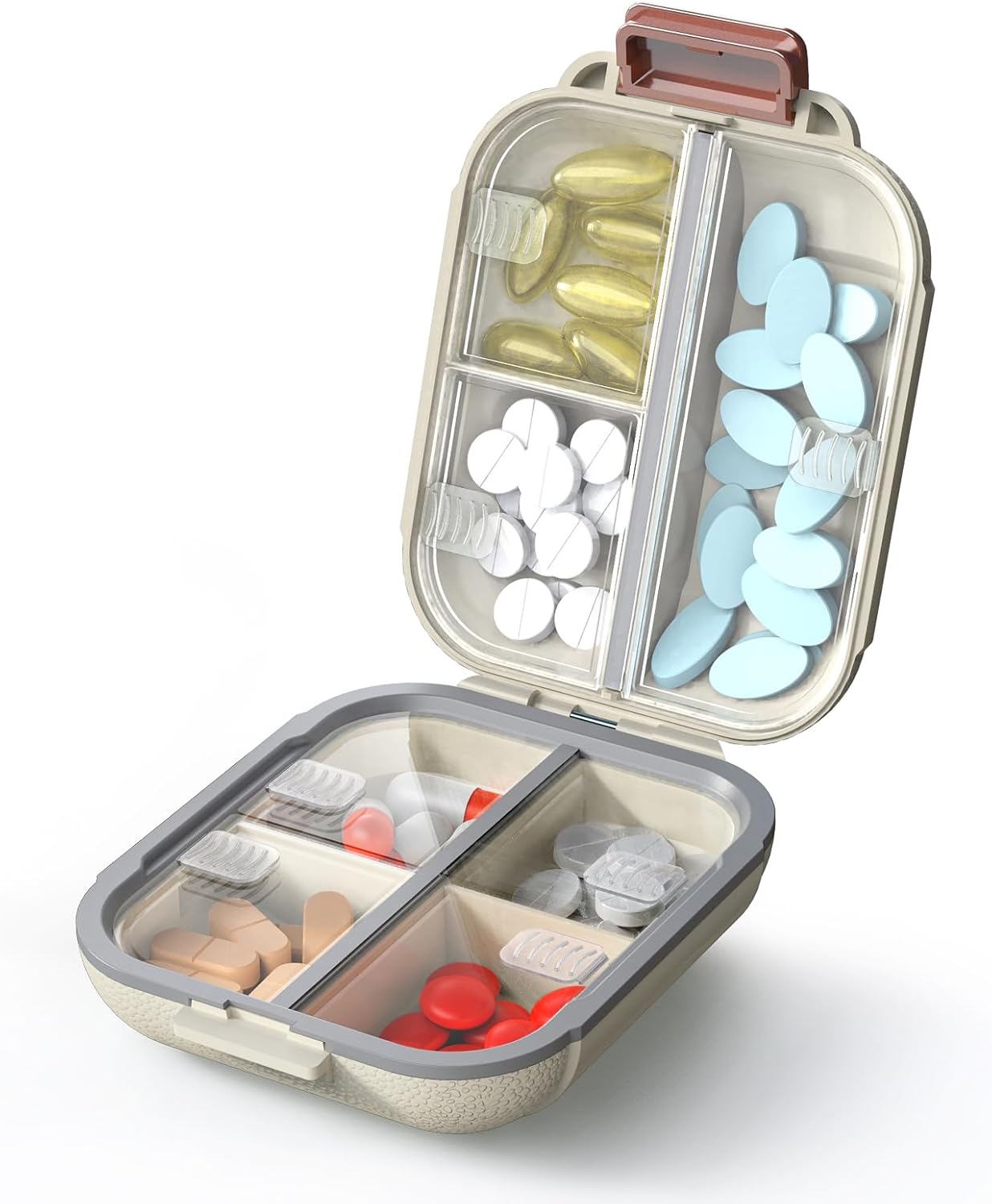 7 Compartments Travel Pill Organizer, Foldable Portable Airtight Daily Pill Box, Compact Pill Case for Purse & Pocket, BPA-Free Medicine Organizer for Vitamins Fish Oil Supplements (White)