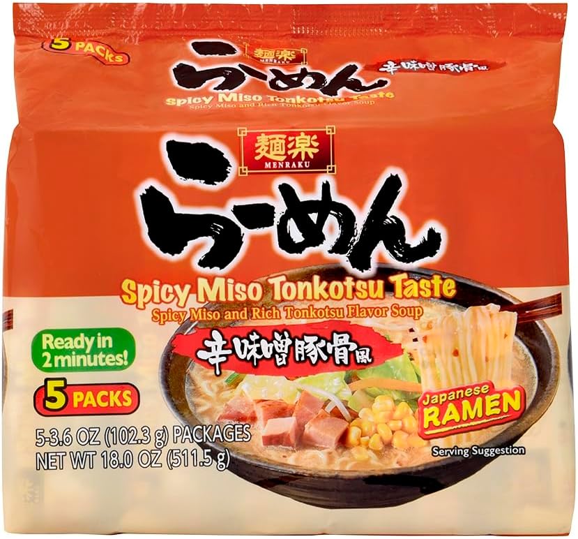 Hikari Menraku Ramen Spicy Miso Tonkotsu Japanese Instant Noodle Soup, 5 Pack, 18 Oz