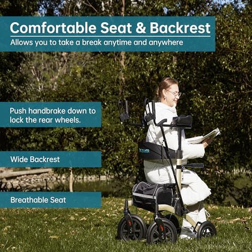 ELENKER All-Terrain Upright Rollator Walker, Stand up Rolling Walker with Seat, 12” Non-Pneumatic Tire Wheels, Compact Folding Design for Seniors, Champagne