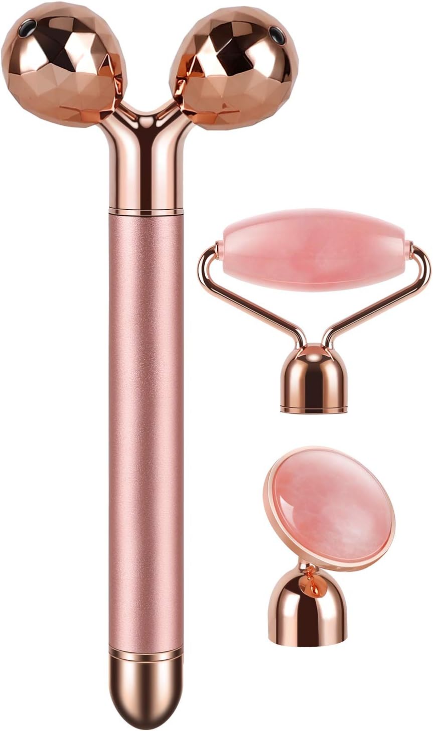 3-IN-1 Electric Jade Roller 3D Roller Facial Roller & Face Massager, Rose Quartz