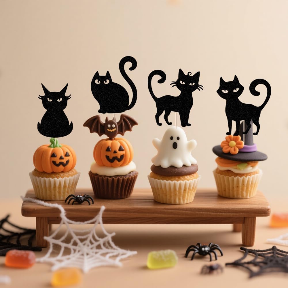 24 Pack Cat Cupcake Toppers Black Glitter Kitten Cat Cupcake Food Picks- Halloween Kitten Theme Baby Shower Kids Birthday Wedding Party Cake Decorations Supplies
