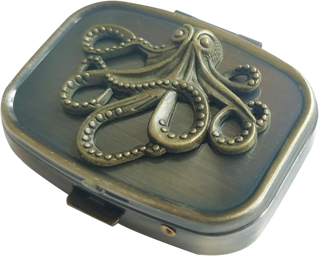 Hidad Bronze Retro Portable Travel Pill Organizer - Octopus Sign Small Pill Box for Purse or Pocket, Cute Durable Portable Mini Pill Case,Pill Bottle Container, Hold Vitamin Medicine Pill Dispenser