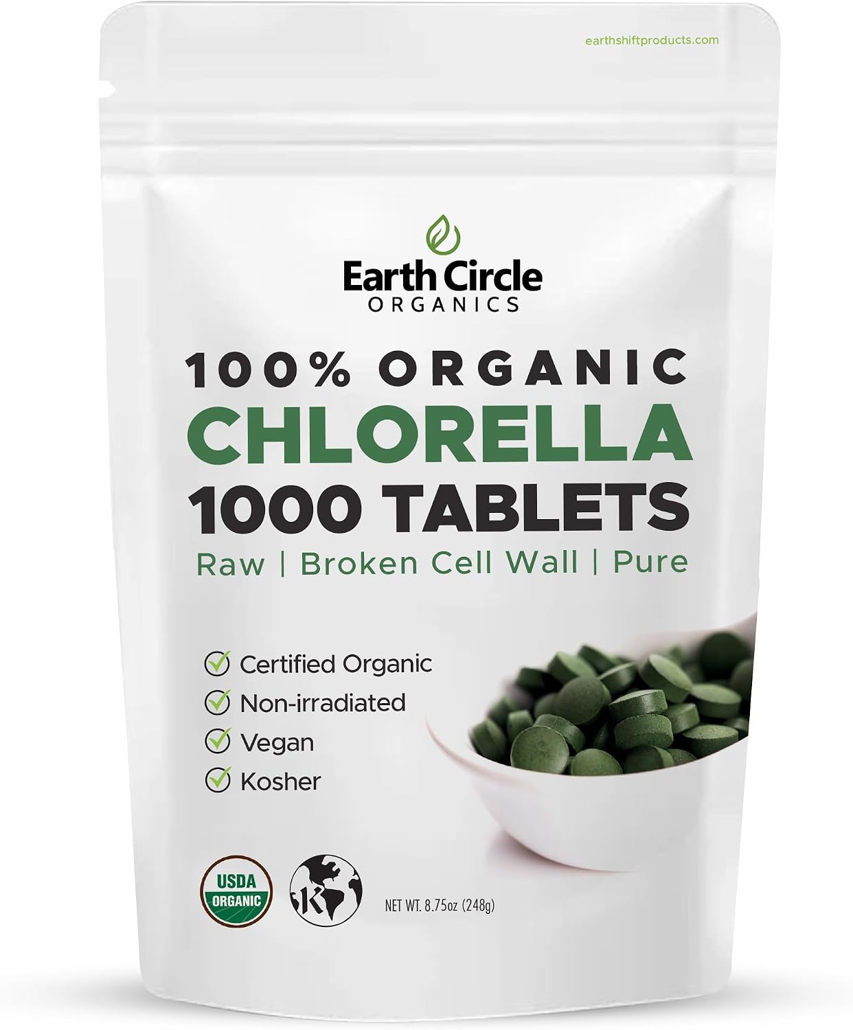 Earth Circle Organics Organic Chlorella Tablets 1000 Count | Pure Chlorella Pyrenoidosa | Broken Cell Wall for Better Nutrient Availability | Vegan, Kosher, Non-GMO | Whole Food Superfood | Pack of 1