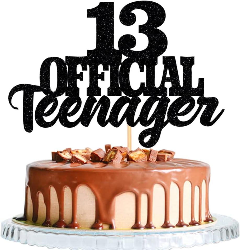 13 Official Teenager Cake Topper-Glitter 13th Birthday Cake Pick Decorations for Teen 13th Birthday Party Supplies (Black)