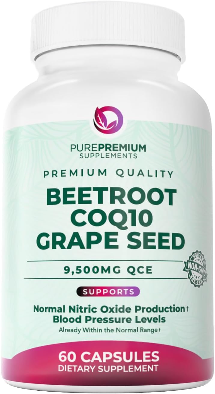 PurePremium Beet Root Capsules - 3-in-1 Blood Pressure Supplements with Beets, CoQ10 & Grapeseed - Beetroot Capsules Nitric Oxide Supplement for Normal Heart Health & Circulation Health - 60ct