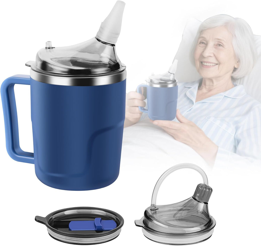 Adult Sippy Cup, 14 oz Convalescent Feeding Cup with Silicone Spout for Bedridden People, 3 in 1 Spill Proof Stainless Steel Sippy Cups for Elderly Adults Drink Porridge Water Soup