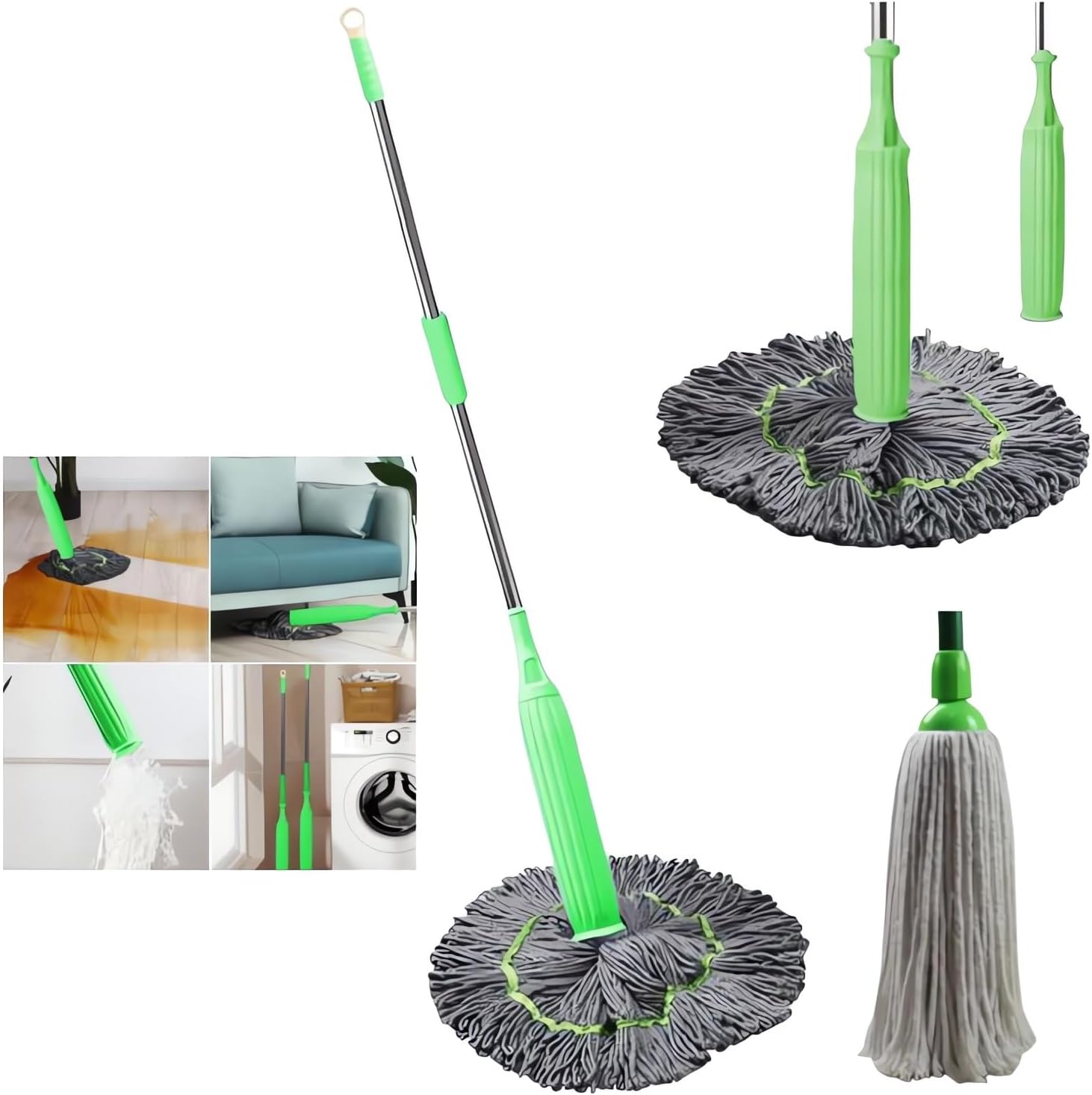 2 in 1 Dehydrated Mop - Floor Spin System With Wringer Set, 360 Degree Spin Round Wall Cleaning, Microfiber Ecloth Wet and Dry for Bathroom Floor Wall Bed (Green)