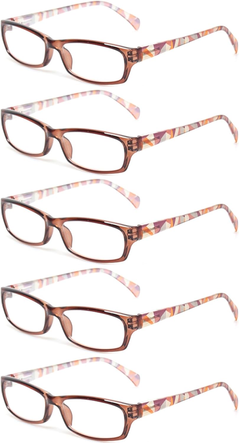 Kerecsen Reading Glasses 5 Pairs Fashion Ladies Readers Spring Hinge with Pattern Print Eyeglasses for Women (5 Brown, 1.5, x)
