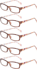 Kerecsen Reading Glasses 5 Pairs Fashion Ladies Readers Spring Hinge with Pattern Print Eyeglasses for Women (5 Brown, 3.0, x)