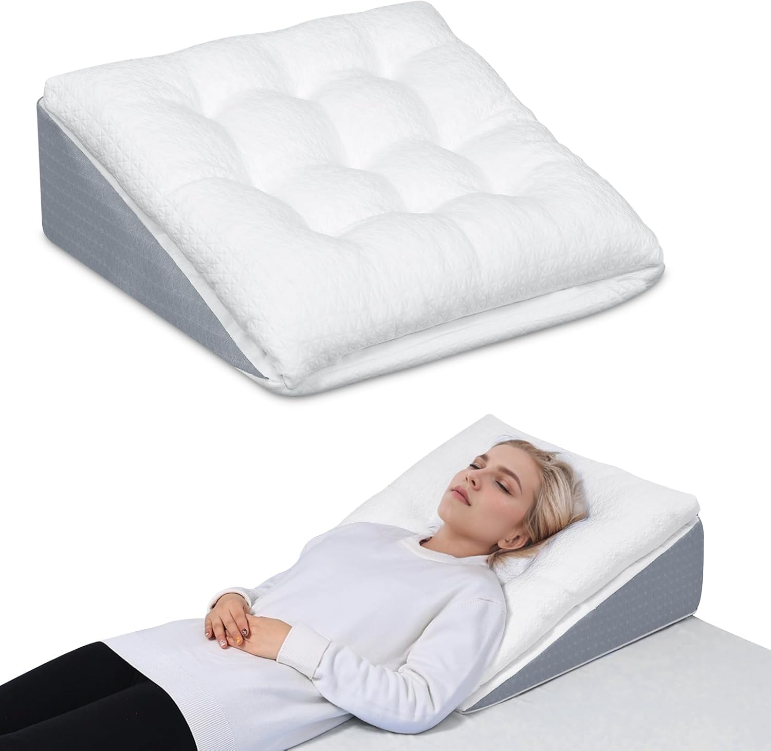 Bed Wedge Pillow for Sleep Apnea 10 Inch Gerd Pillow Patent Dual Layer Triangle Pillow Adjustable Shredded Memory Foam Topper Soft Support Ideal for Acid Reflux, After Surgery, Snoring