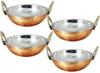 ® Set of 4, Pure Copper, Stainless Steel Bowls with Solid Brass Handle Serveware Accessories Karahi Pan for Indian Food,Diameter- 6.9 Inches, Silver