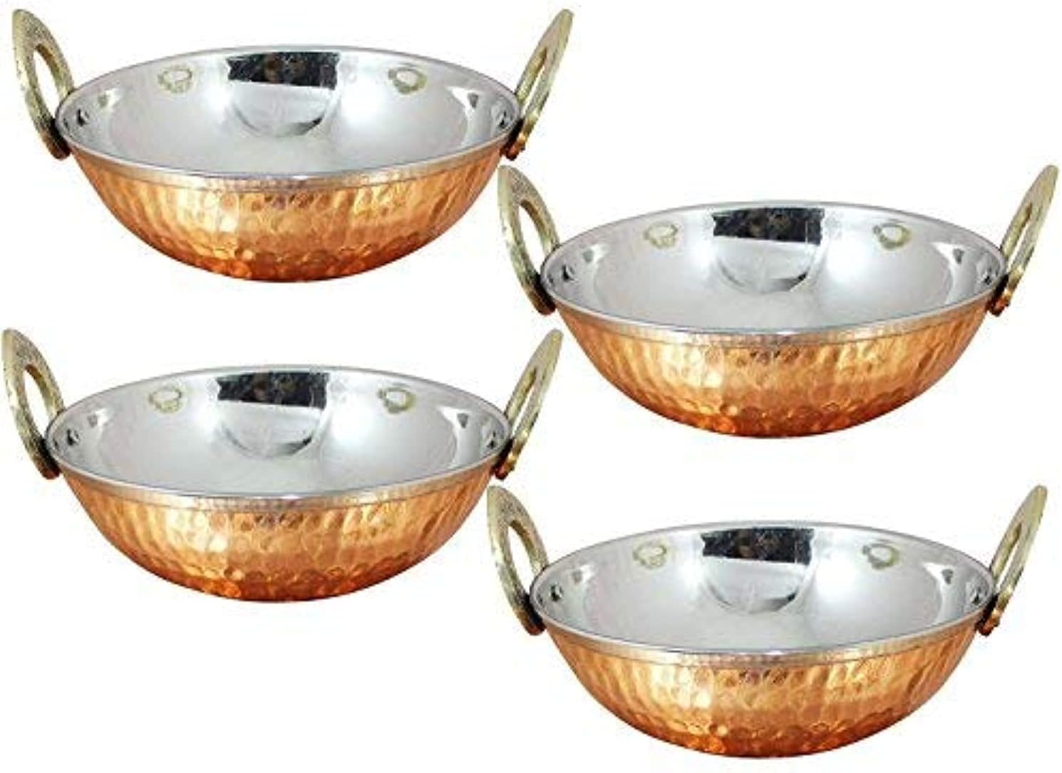 ® Set of 4, Pure Copper, Stainless Steel Bowls with Solid Brass Handle Serveware Accessories Karahi Pan for Indian Food,Diameter- 6.9 Inches, Silver