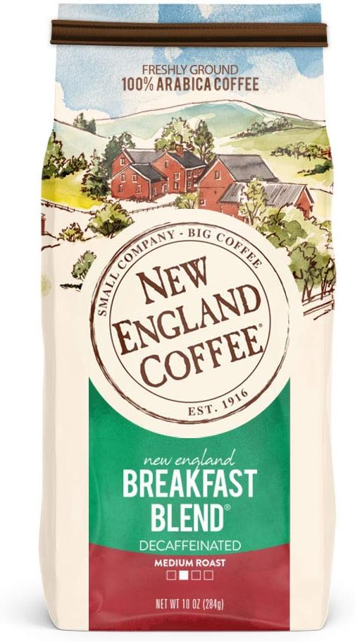 New England Coffee Breakfast Blend Decaffeinated Medium Roast Ground Coffee, 10oz Bag (Pack of 1)