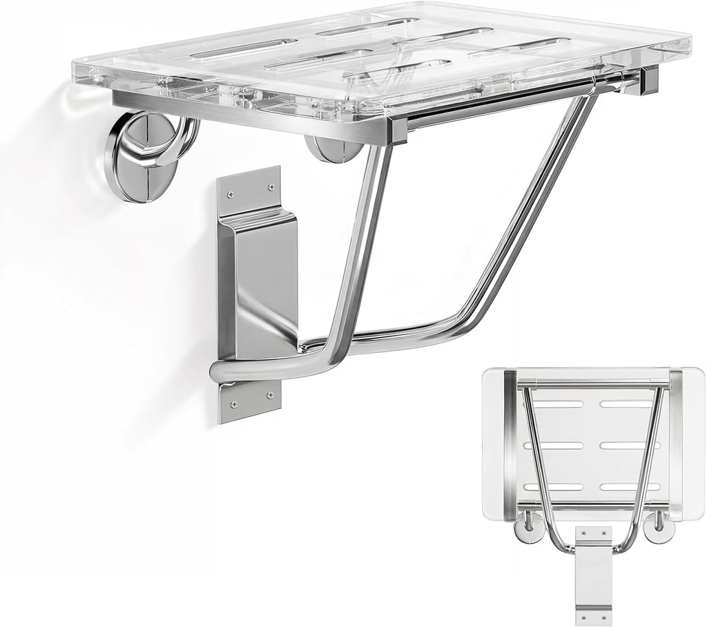 Folding Shower Seat Wall Mounted 350 lbs Capacity Heavy Duty Acrylic Shower Bench with Stainless Steel Bracket, Fold Down Bath Seat for Elderly, Disabled, Adults Space-Saving Transparent