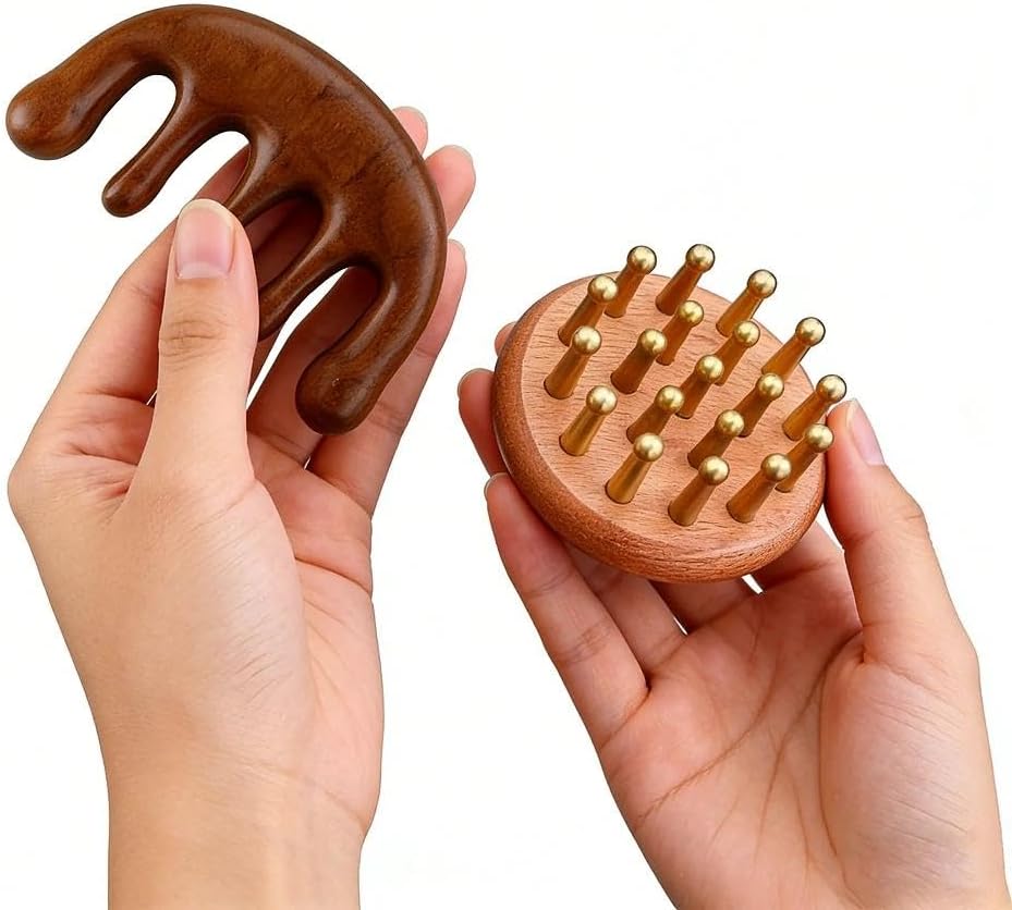 Scalp Massager for Hair Growth, Two-Piece Set-Manual Head Scrubber with Sandalwood, Portable Handheld Tool for Scalp Care & Relaxation, Stress Relief Brush for Home and Travel Spa Experience