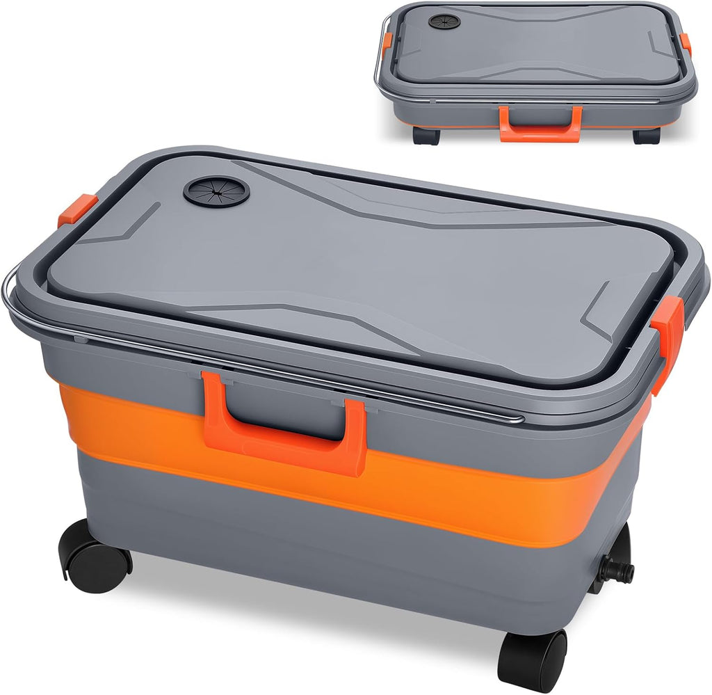 This Hill Collapsible Bucket 5.5 Gallon for Car Washing, Car Wash Bucket with Wheels, Handle, Drain Plug and Water Outlet, Foldable for Mop Cleaning, Camping, RV, Pet Bathing and Laundry