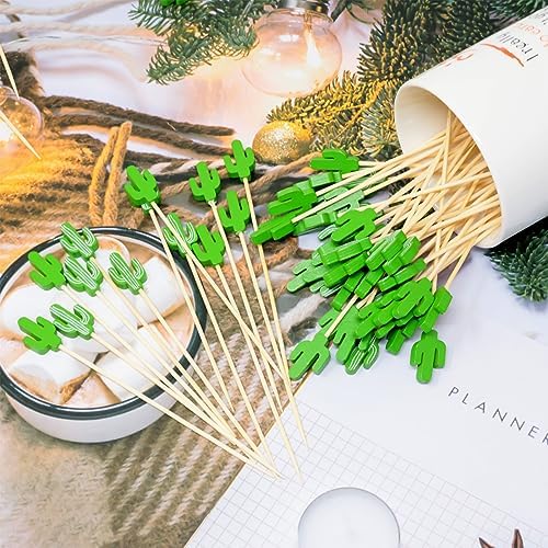 Honbay 100PCS Tropical Cactus Bamboo Cocktail Picks Fruit Food Hamburger Toothpicks Cupcake Toppers Sandwich Appetizer Decorative Skewers Drink Garnish Hawaiian Luau Party Birthday Decoration Sticks