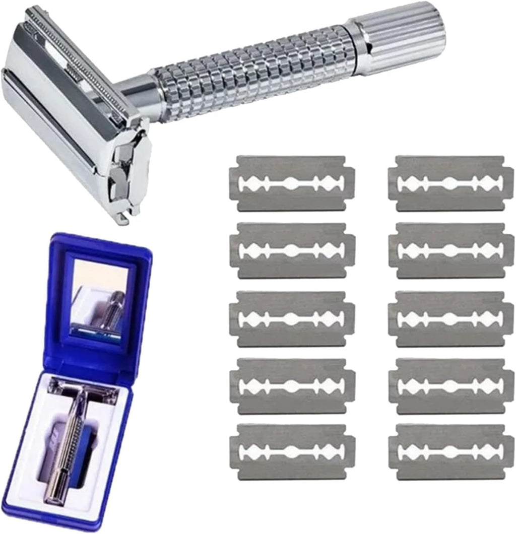 Double Edge Safety Razor for Unisex, 10 Platinum Coated Double Edge Blade Refills Safety Razo, Women Men's Razor with a Delicate Box,