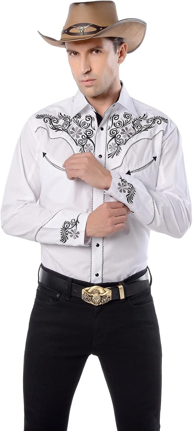 EL PIONERO Men's Western Shirt Long Sleeve Embroidered Cowboy Casual Snap Button Shirt Black