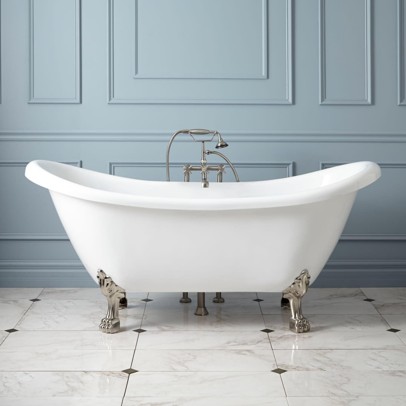 Signature Hardware 946175-69-RR-ND Rosalind 69" Acrylic Soaking Clawfoot Tub with Pre-Drilled Overflow Hole, Lion Paw Feet and Rolled Rim - Less Drain - White/Chrome