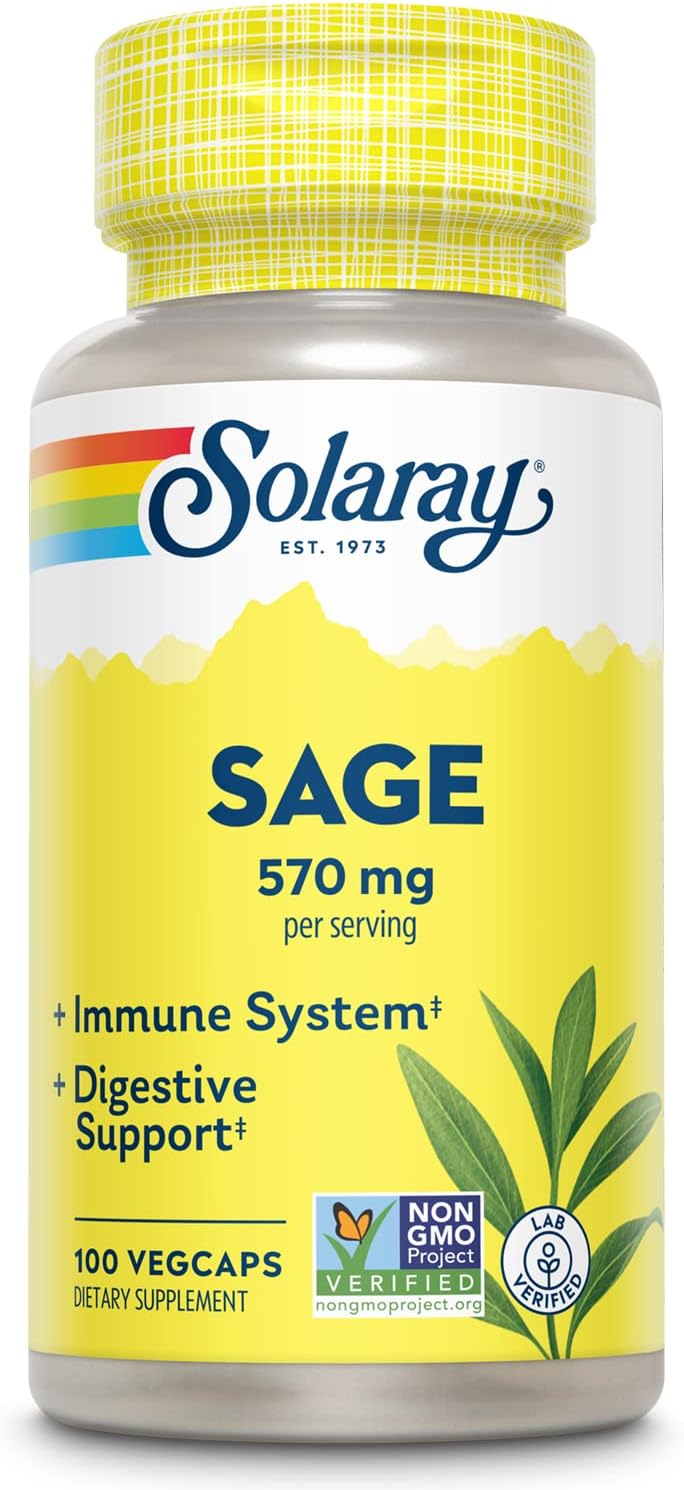 SOLARAY Sage Leaves Supplement for Women & Men - Sage Leaf Capsules, Natural Herbal Support for Immune System, 570 mg, Non GMO - 100 Veg Caps