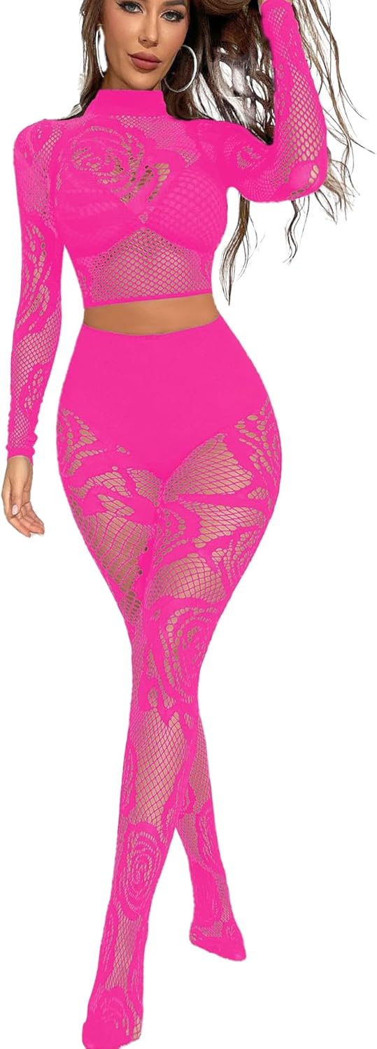 Womens Tight Mesh Lingerie Sets, 2 Piece Club Fishnet Outfits, Long Sleeve Crop Top and High Waist Footed Leggings