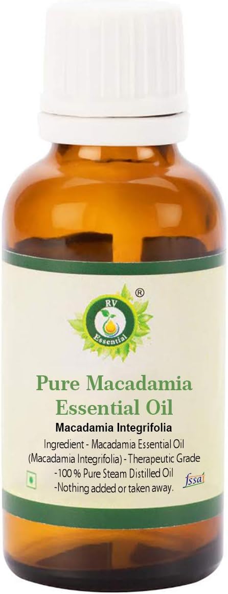 R V Essential Macadamia Essential Oil | Macadamia Integrifolia | for Hair | for Face | for Skin | for Scalp Masage | for Body | 100% Pure Natural | Steam Distilled | Therapeutic Grade | 15ml | 0.507oz
