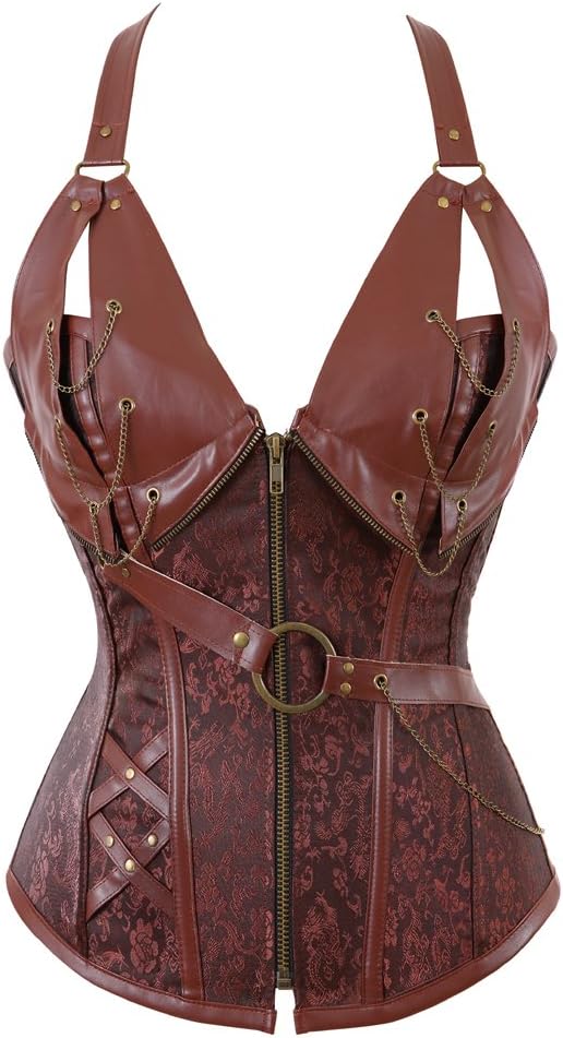 Grebrafan Plus Size Faux Leather Chain Steampunk Corset for Women