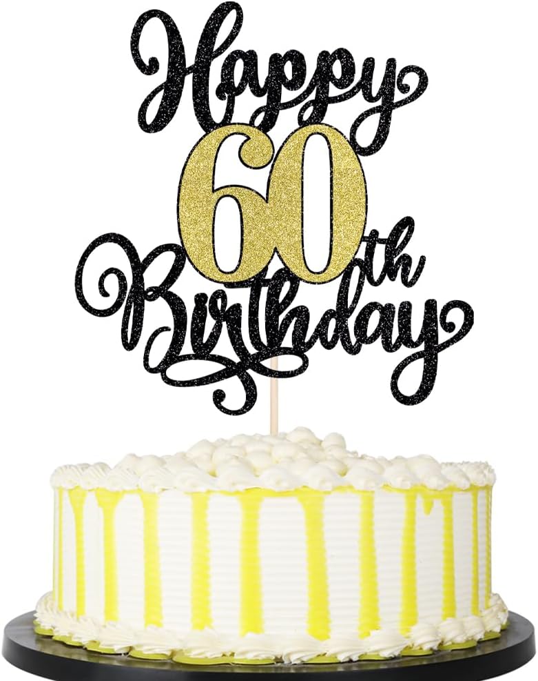 PALASASA Black Gold Happy 60th Birthday Cake Topper- Glitter Cheers to 60 Years Birthday Cake Pick 60 Fabulous Cake Decoration, 60th Birthday/Anniversary Party Cake Decoration